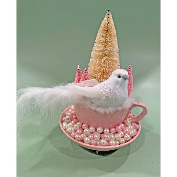 Handmade Other - Priced Reduced Pink Melmac Cup Christmas Assemblage w/ Bird & Bottle Brush Trees